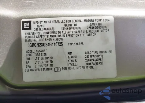 2004 Hummer H2 from USA, damaged, VIN 5GRGN23U84H116725